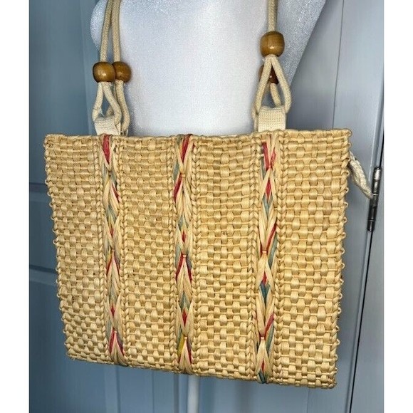 VTG Medium Size Beige Woven Straw Wood Bead Braided Rope Handle Tote Handbag - Picture 1 of 9